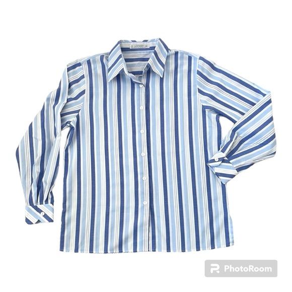 FOXCROFT Blue & White Striped Shirt, Button Down Top, Wrinkle Free, 8 Petite - Picture 5 of 15
